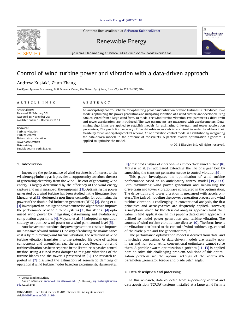 Control of wind turbine power and vibration with a data-driven approach