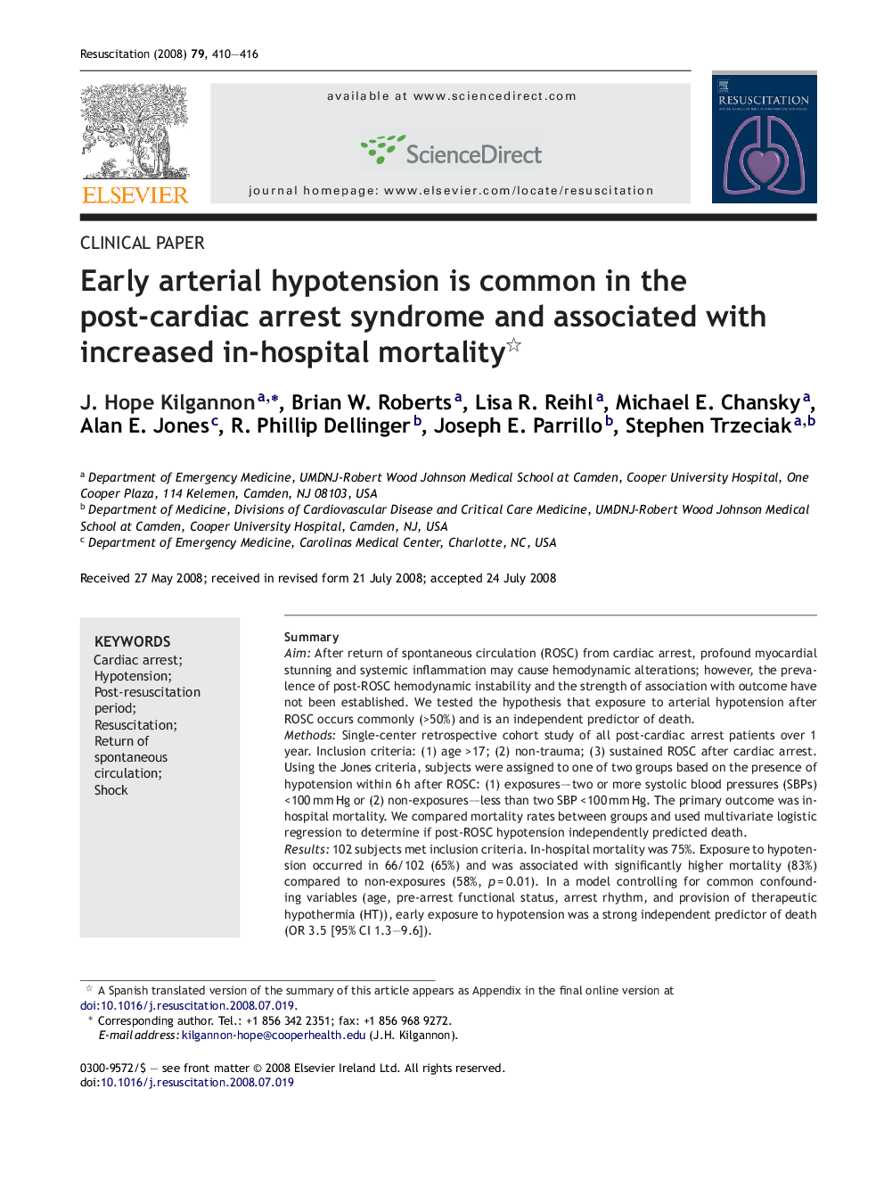 Early arterial hypotension is common in the post-cardiac arrest syndrome and associated with increased in-hospital mortality 