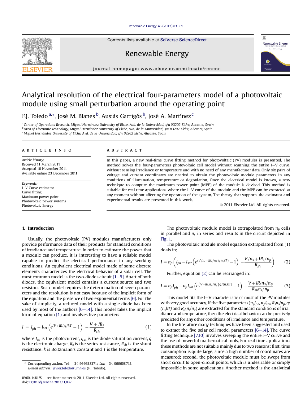 Analytical resolution of the electrical four-parameters model of a photovoltaic module using small perturbation around the operating point