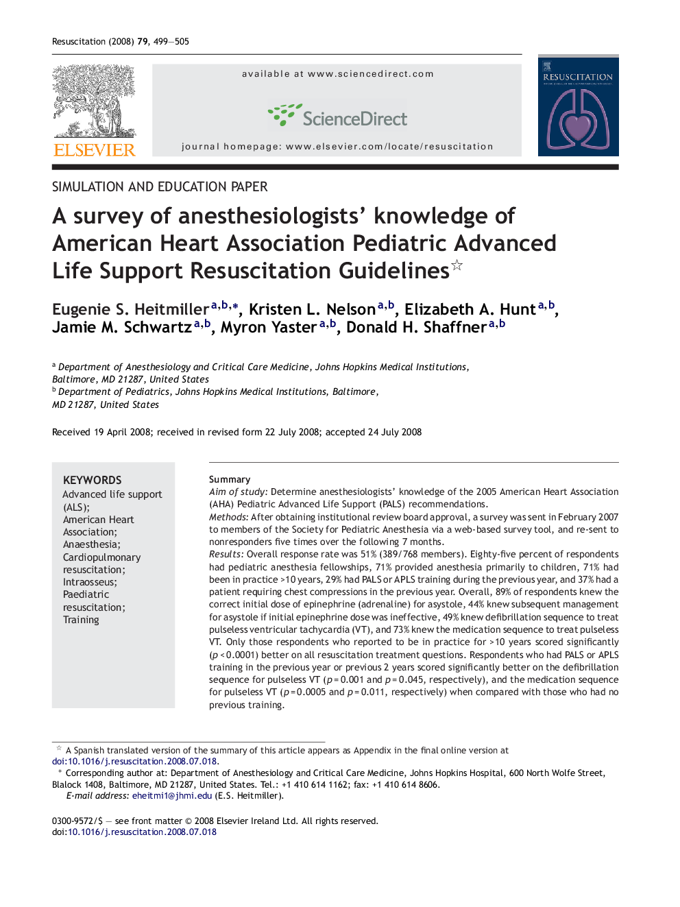A survey of anesthesiologists’ knowledge of American Heart Association Pediatric Advanced Life Support Resuscitation Guidelines 