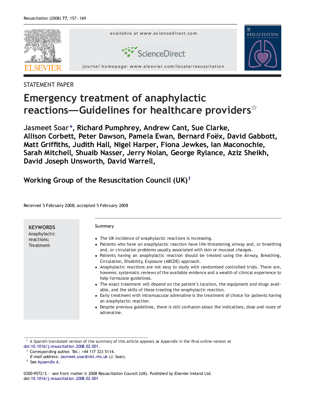 Emergency treatment of anaphylactic reactions—Guidelines for healthcare providers 