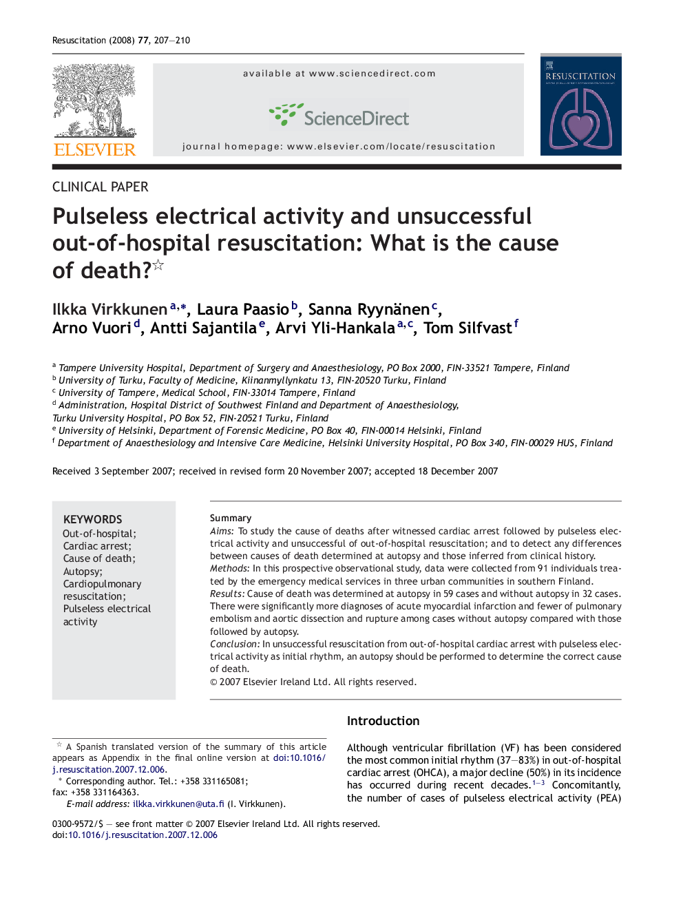 Pulseless electrical activity and unsuccessful out-of-hospital resuscitation: What is the cause of death? 