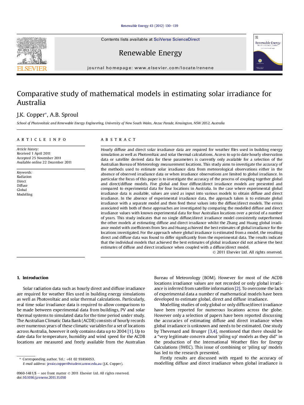 Comparative study of mathematical models in estimating solar irradiance for Australia