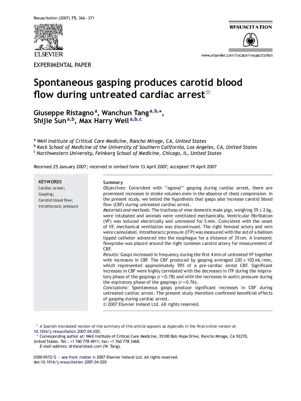 Spontaneous gasping produces carotid blood flow during untreated cardiac arrest 