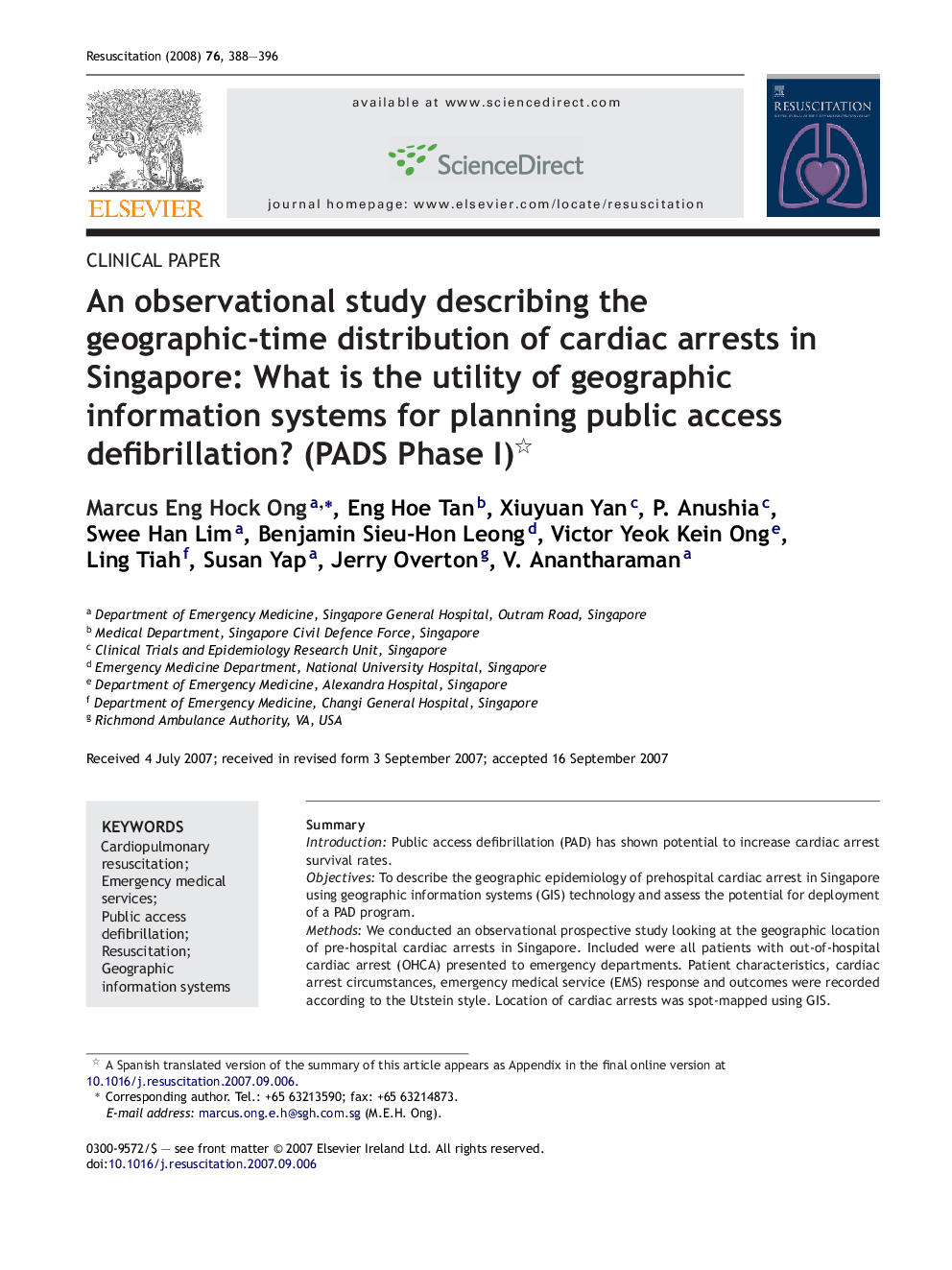 An observational study describing the geographic-time distribution of cardiac arrests in Singapore: What is the utility of geographic information systems for planning public access defibrillation? (PADS Phase I) 