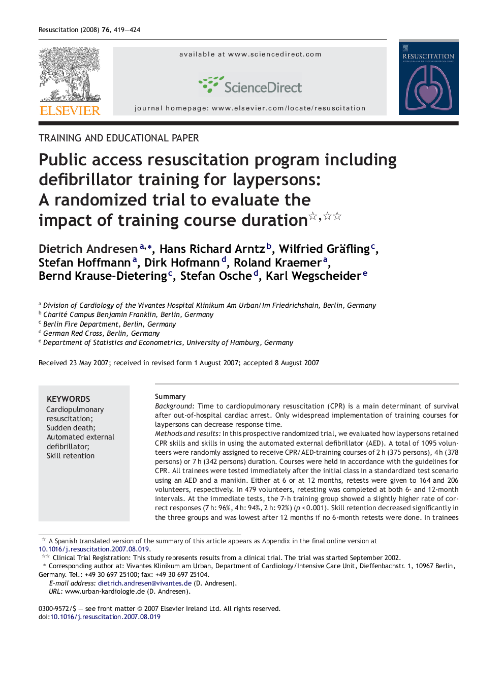 Public access resuscitation program including defibrillator training for laypersons: A randomized trial to evaluate the impact of training course duration 