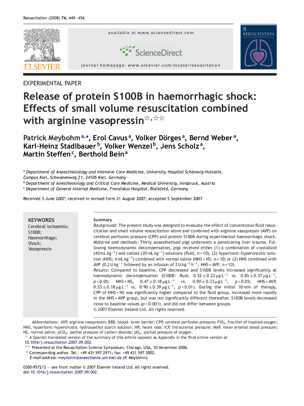 Release of protein S100B in haemorrhagic shock: Effects of small volume resuscitation combined with arginine vasopressin 