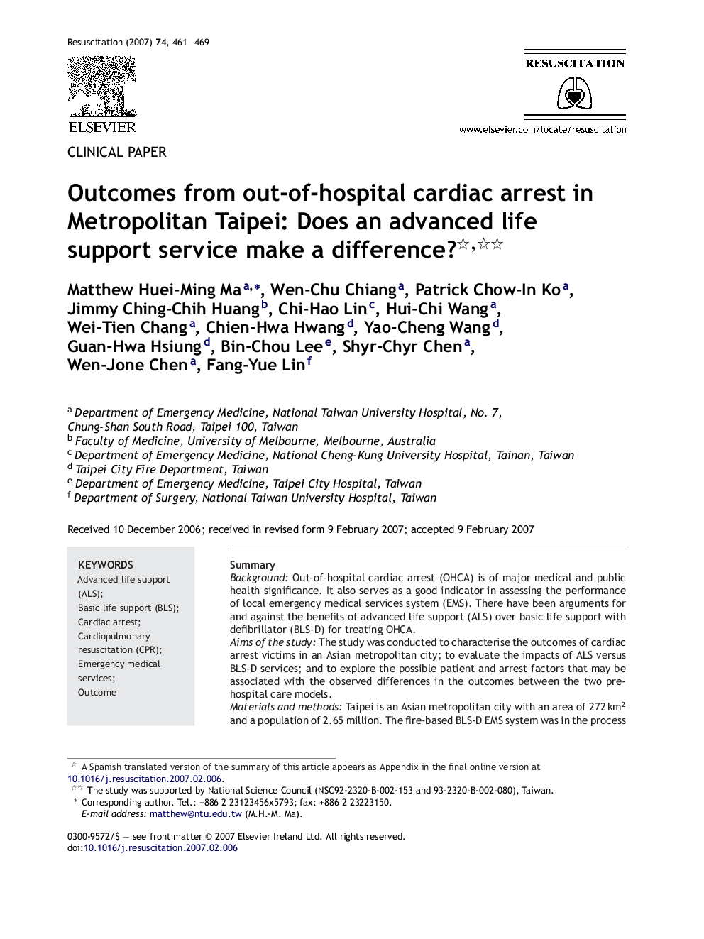 Outcomes from out-of-hospital cardiac arrest in Metropolitan Taipei: Does an advanced life support service make a difference? 