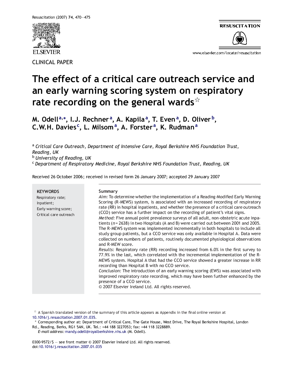 The effect of a critical care outreach service and an early warning scoring system on respiratory rate recording on the general wards 