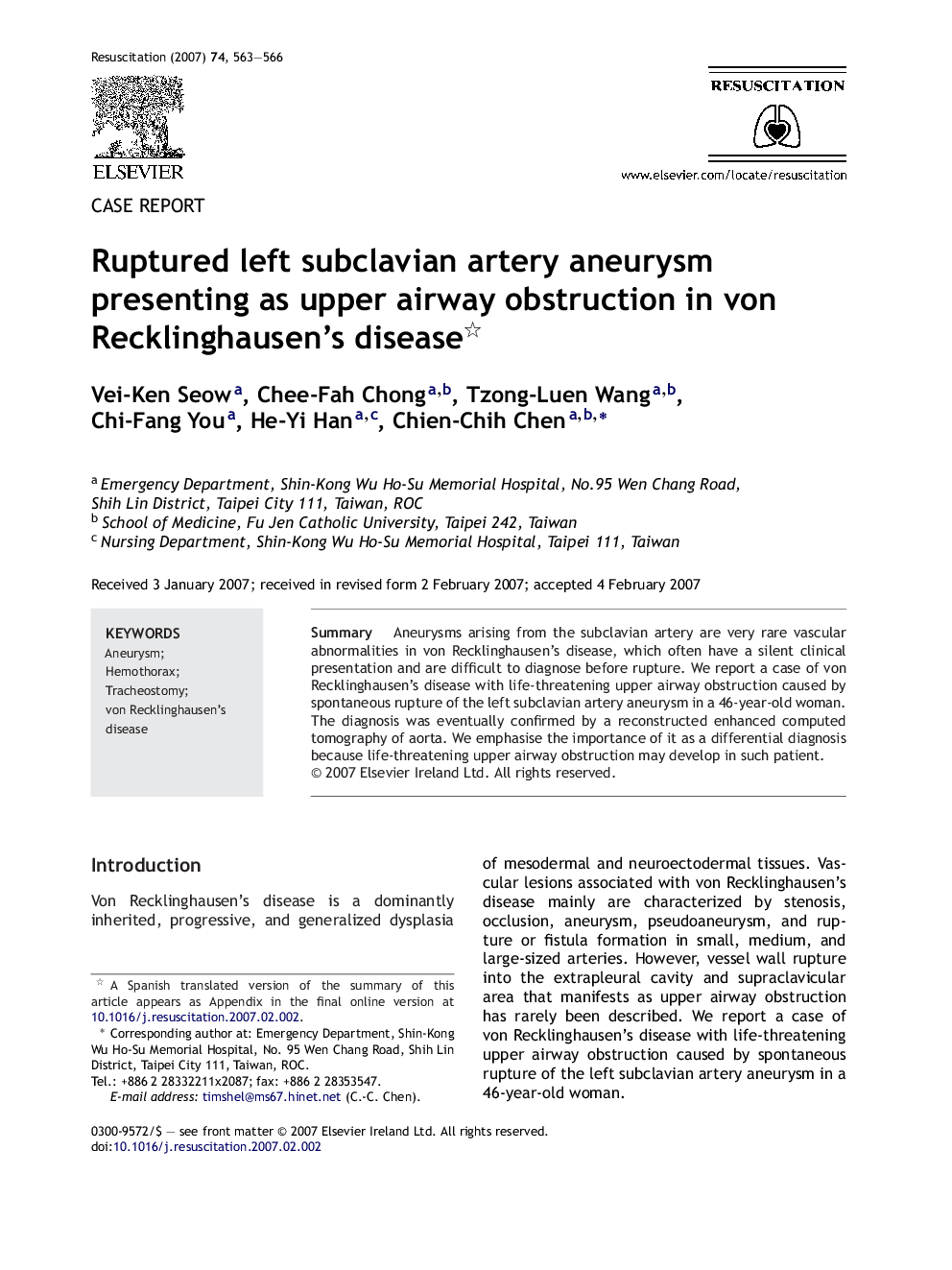 Ruptured left subclavian artery aneurysm presenting as upper airway obstruction in von Recklinghausen's disease