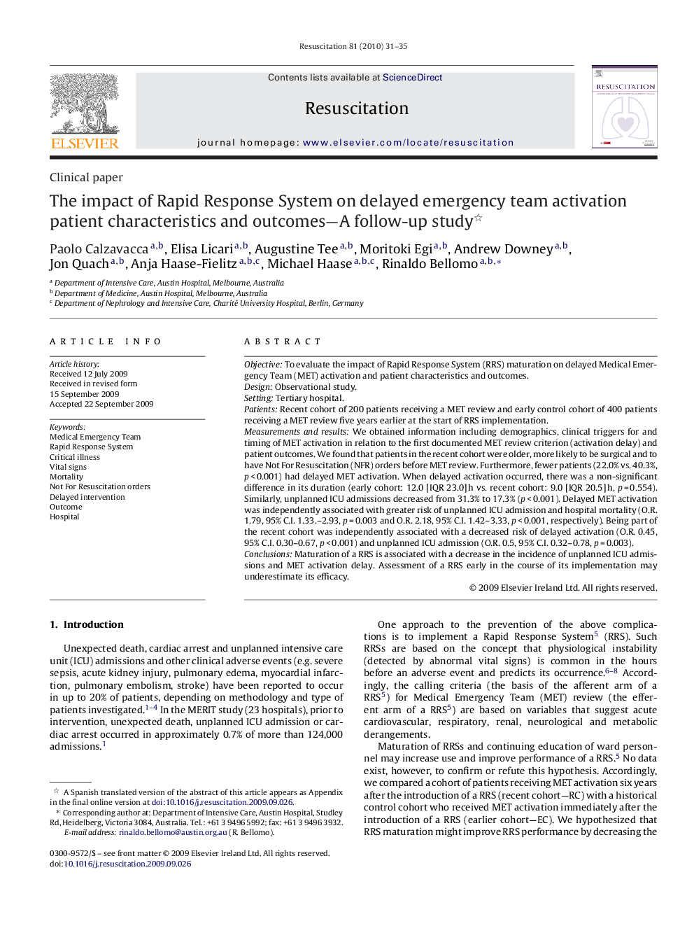 The impact of Rapid Response System on delayed emergency team activation patient characteristics and outcomes—A follow-up study 