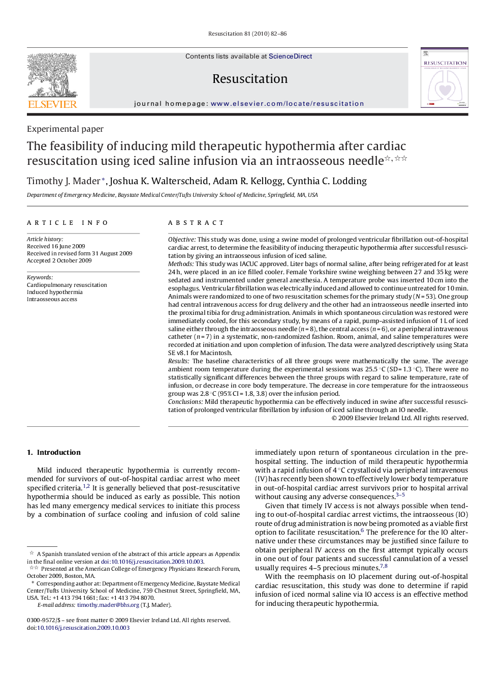 The feasibility of inducing mild therapeutic hypothermia after cardiac resuscitation using iced saline infusion via an intraosseous needle 