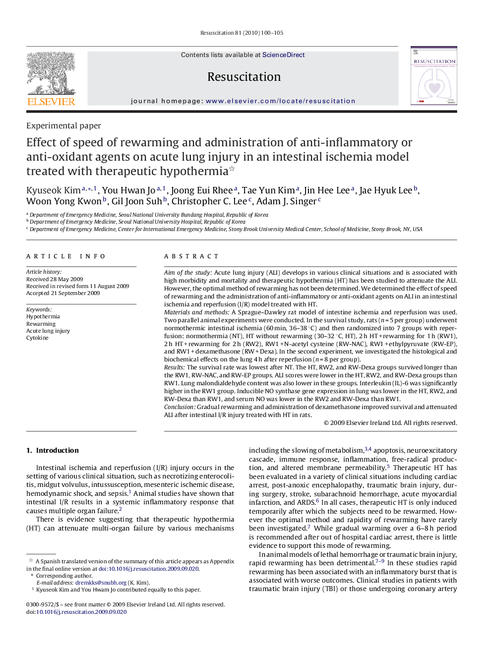 Effect of speed of rewarming and administration of anti-inflammatory or anti-oxidant agents on acute lung injury in an intestinal ischemia model treated with therapeutic hypothermia 