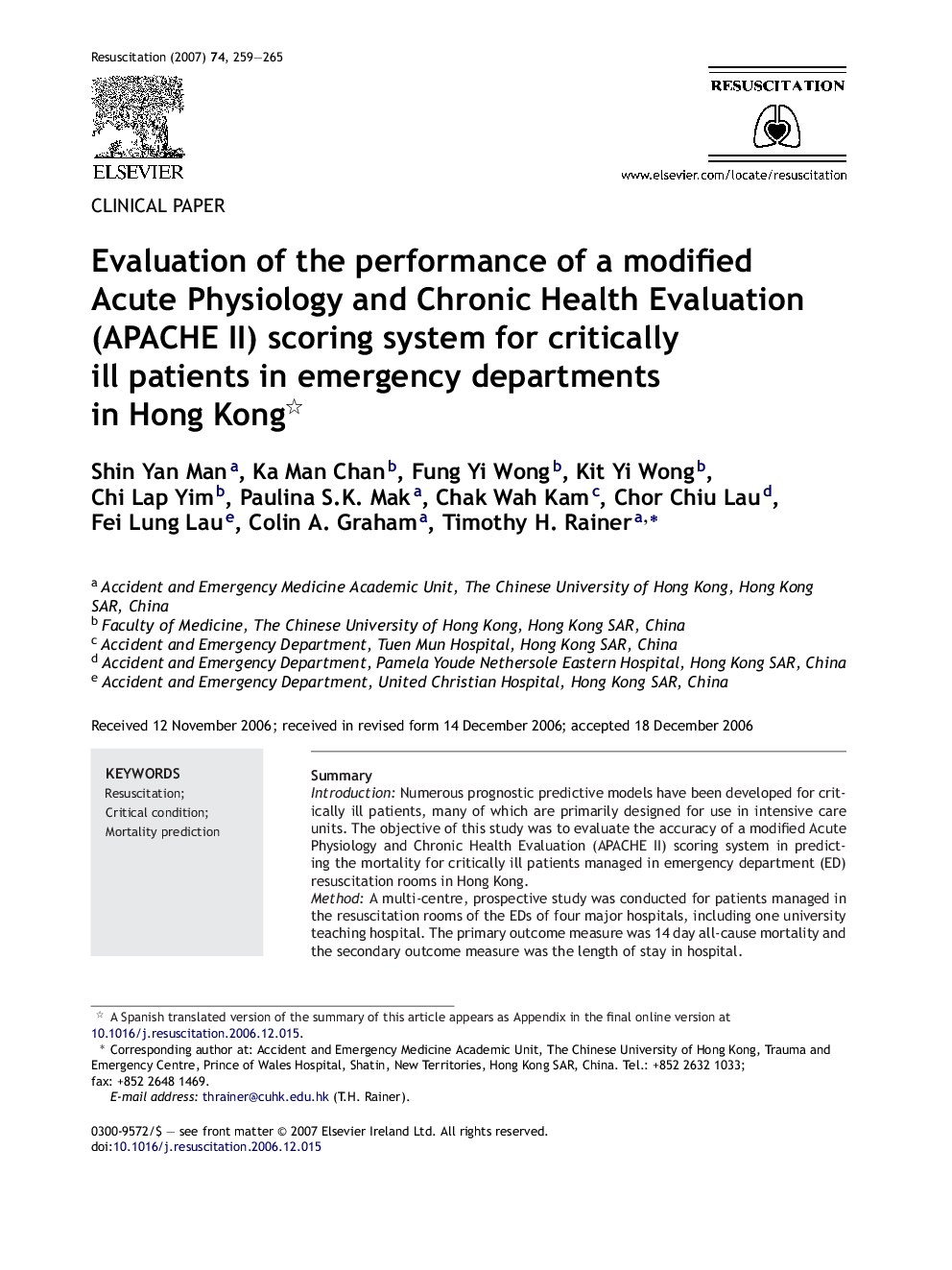 Evaluation of the performance of a modified Acute Physiology and Chronic Health Evaluation (APACHE II) scoring system for critically ill patients in emergency departments in Hong Kong