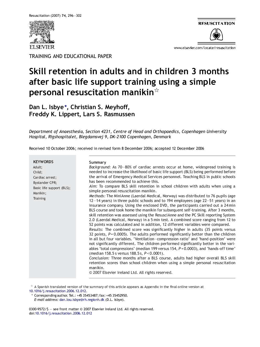 Skill retention in adults and in children 3 months after basic life support training using a simple personal resuscitation manikin 