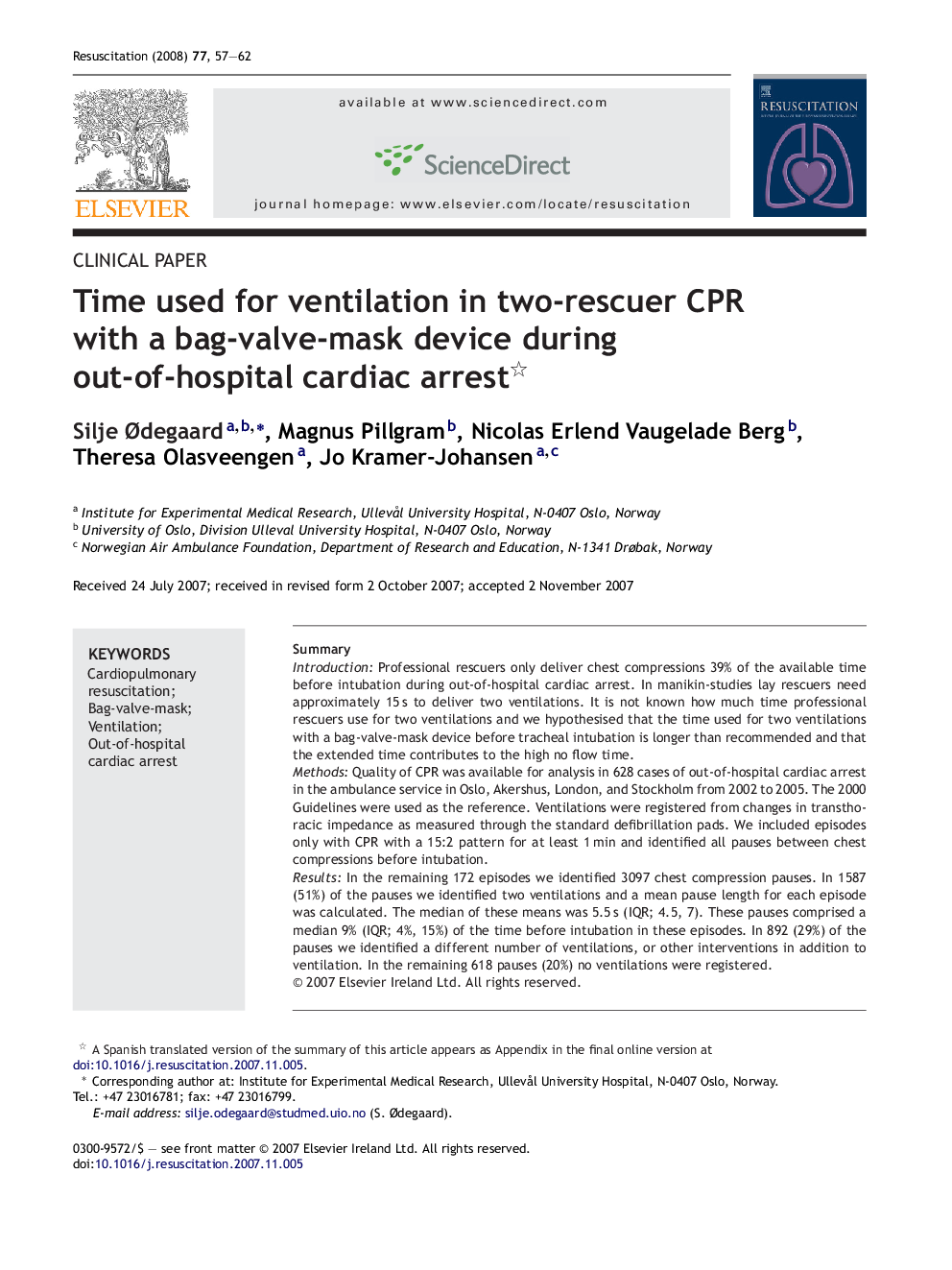 Time used for ventilation in two-rescuer CPR with a bag-valve-mask device during out-of-hospital cardiac arrest