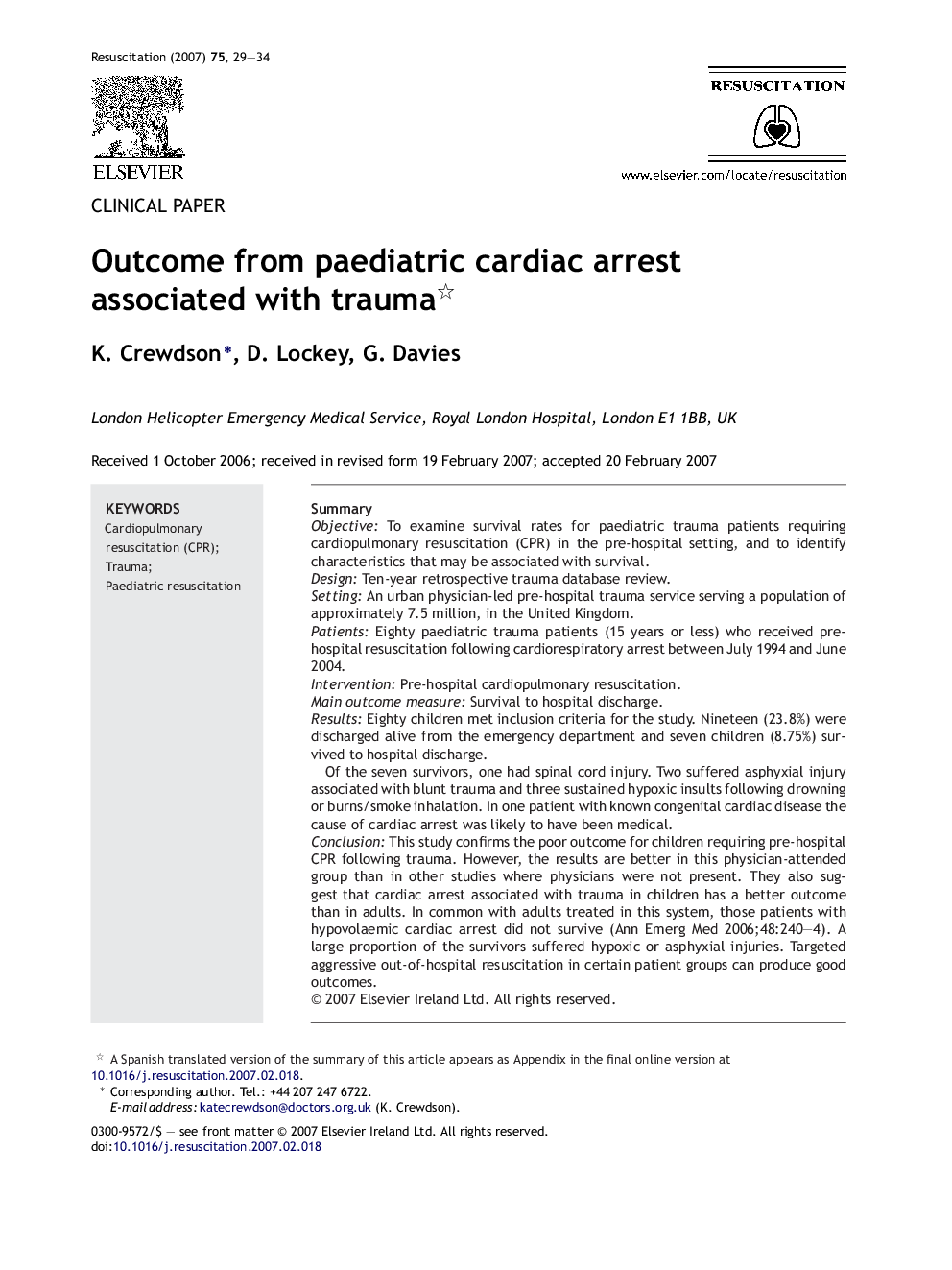 Outcome from paediatric cardiac arrest associated with trauma 