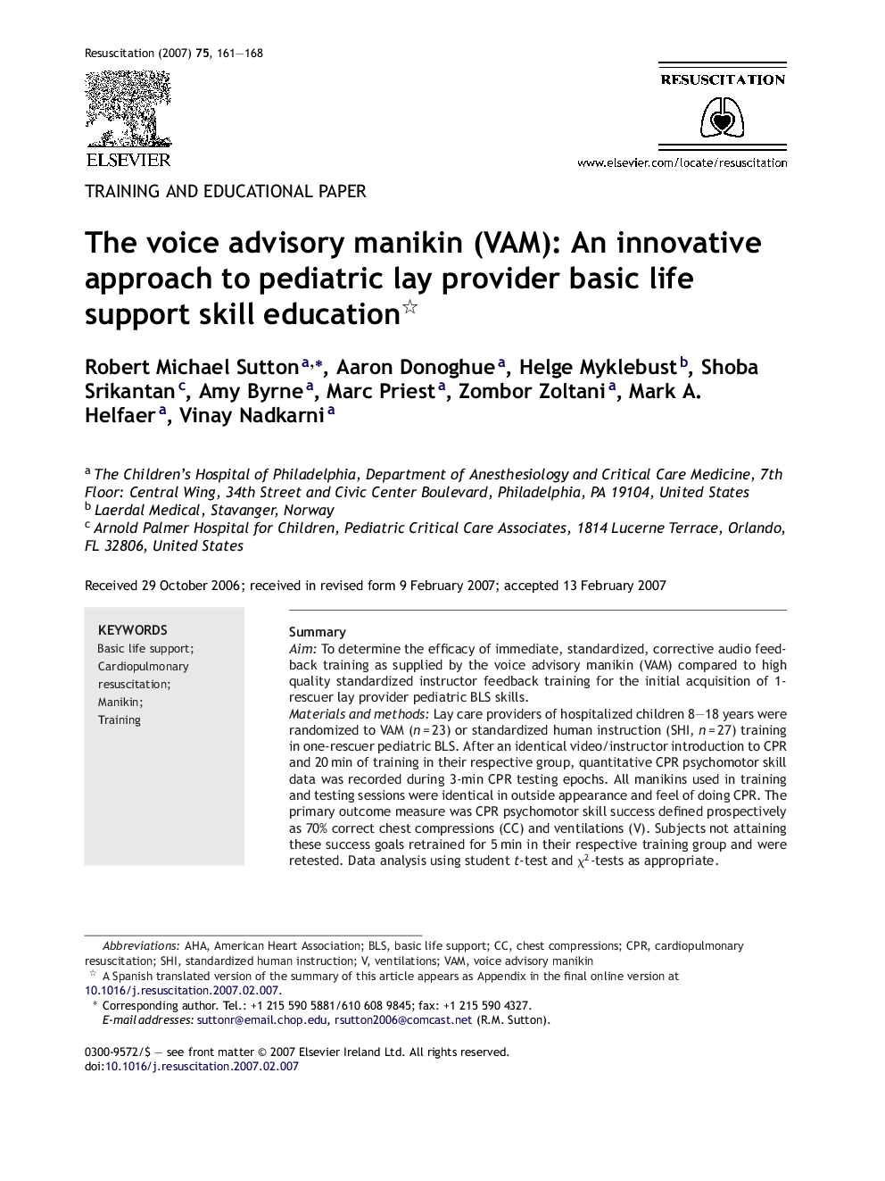 The voice advisory manikin (VAM): An innovative approach to pediatric lay provider basic life support skill education 