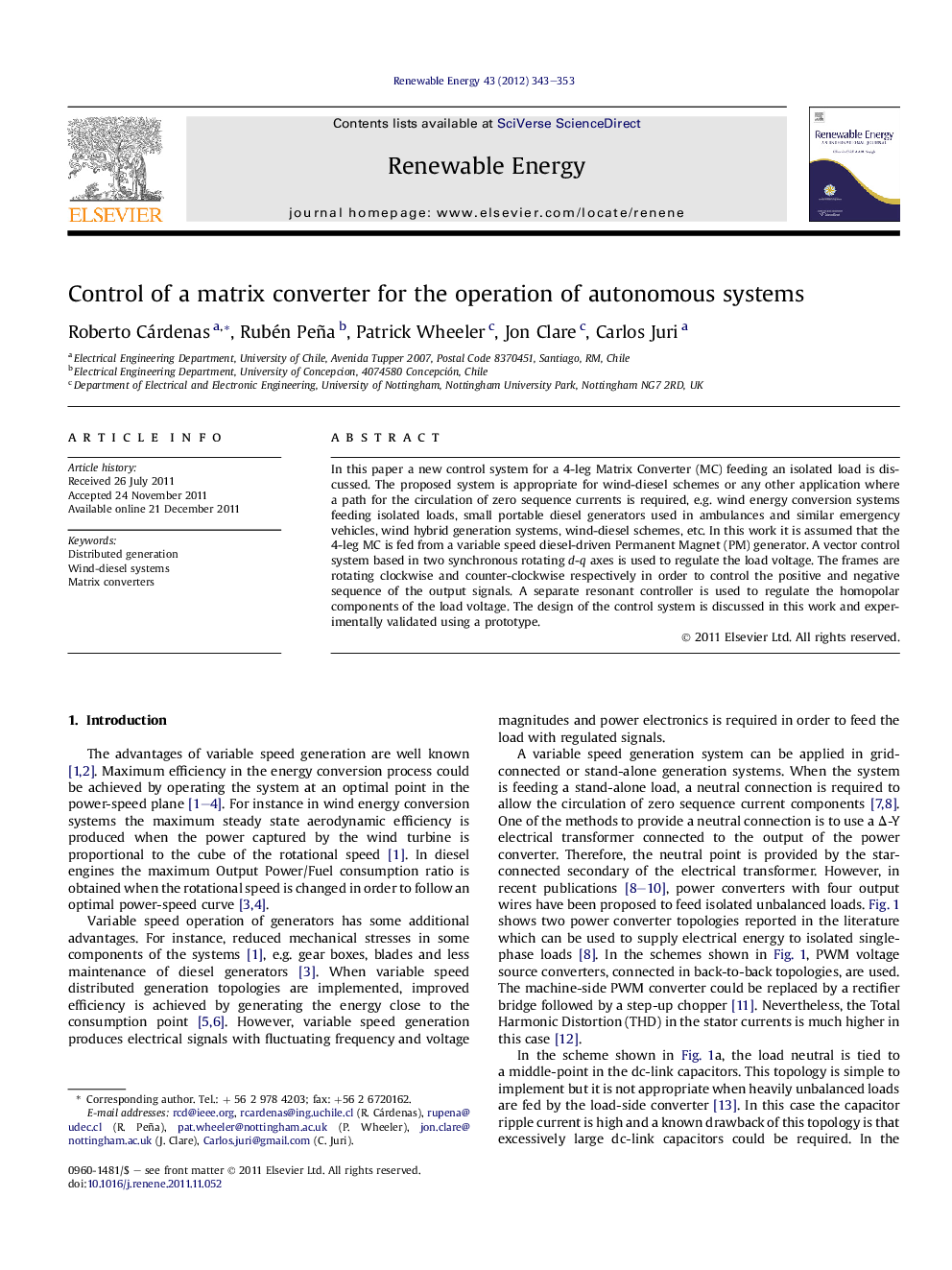 Control of a matrix converter for the operation of autonomous systems