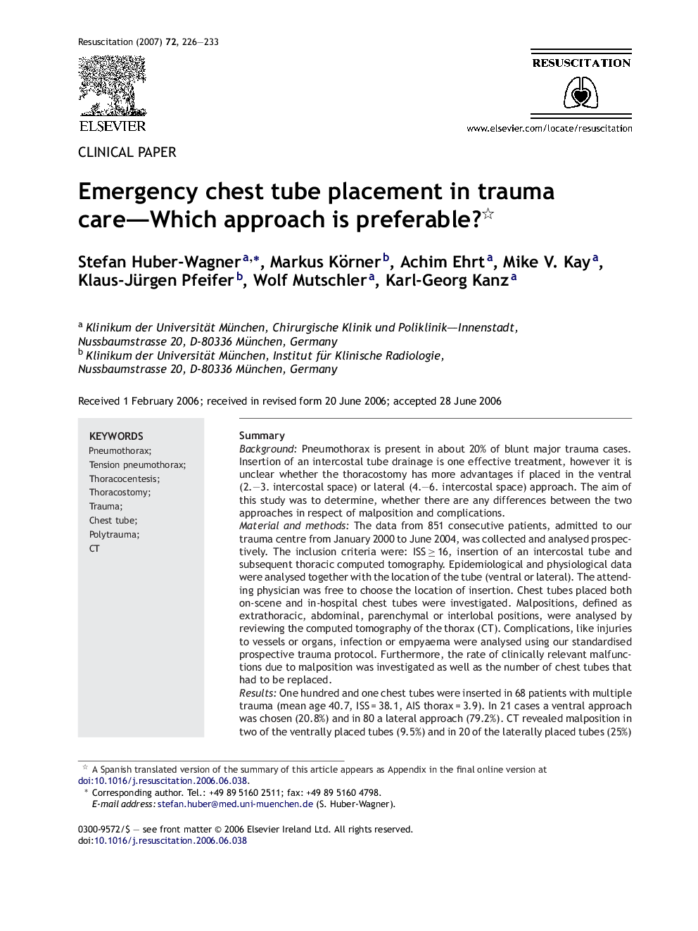 Emergency chest tube placement in trauma care—Which approach is preferable? 