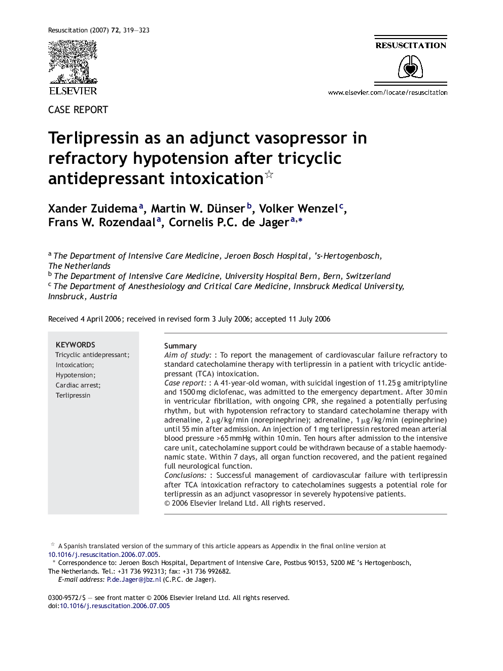 Terlipressin as an adjunct vasopressor in refractory hypotension after tricyclic antidepressant intoxication 