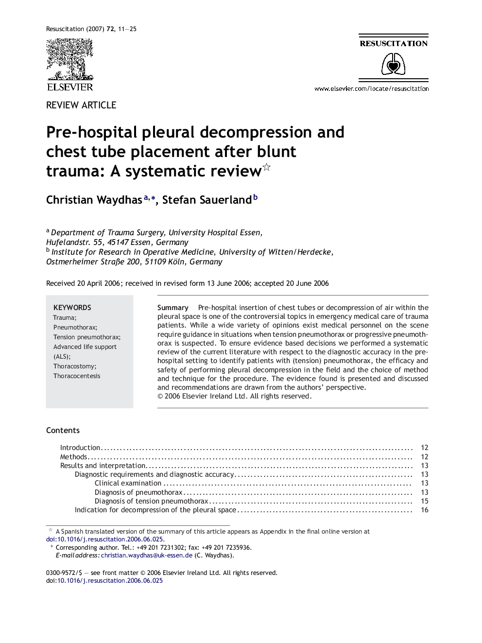 Pre-hospital pleural decompression and chest tube placement after blunt trauma: A systematic review 