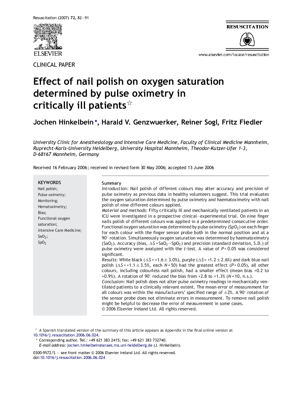 Effect of nail polish on oxygen saturation determined by pulse oximetry in critically ill patients 