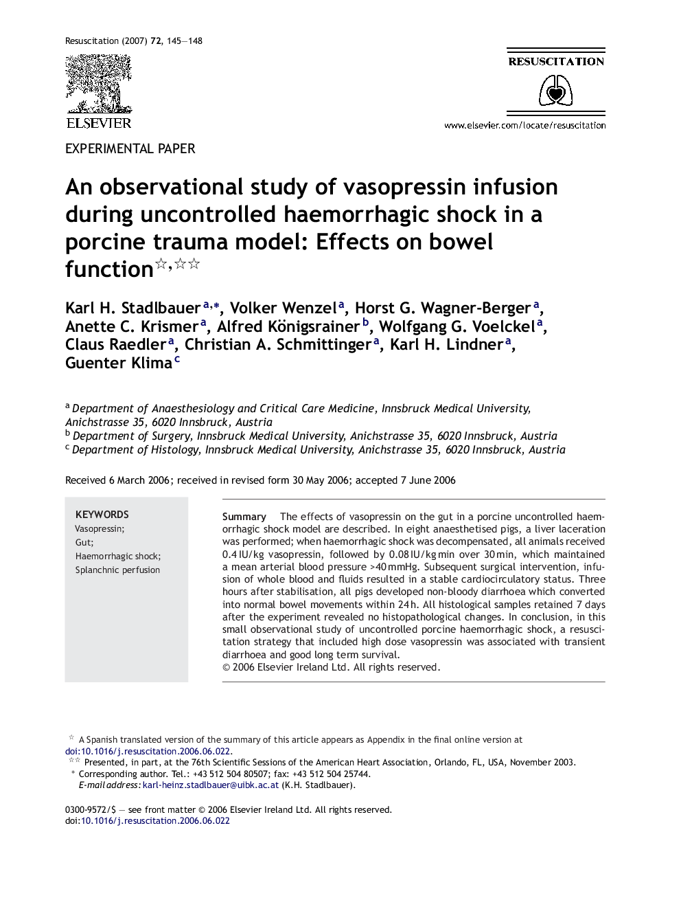 An observational study of vasopressin infusion during uncontrolled haemorrhagic shock in a porcine trauma model: Effects on bowel function