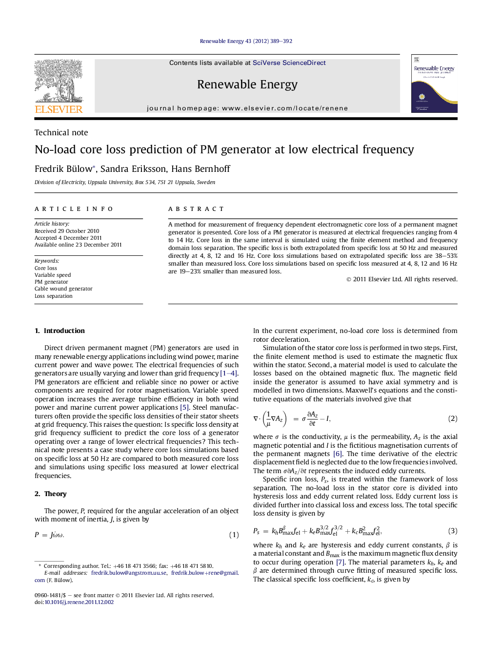 No-load core loss prediction of PM generator at low electrical frequency