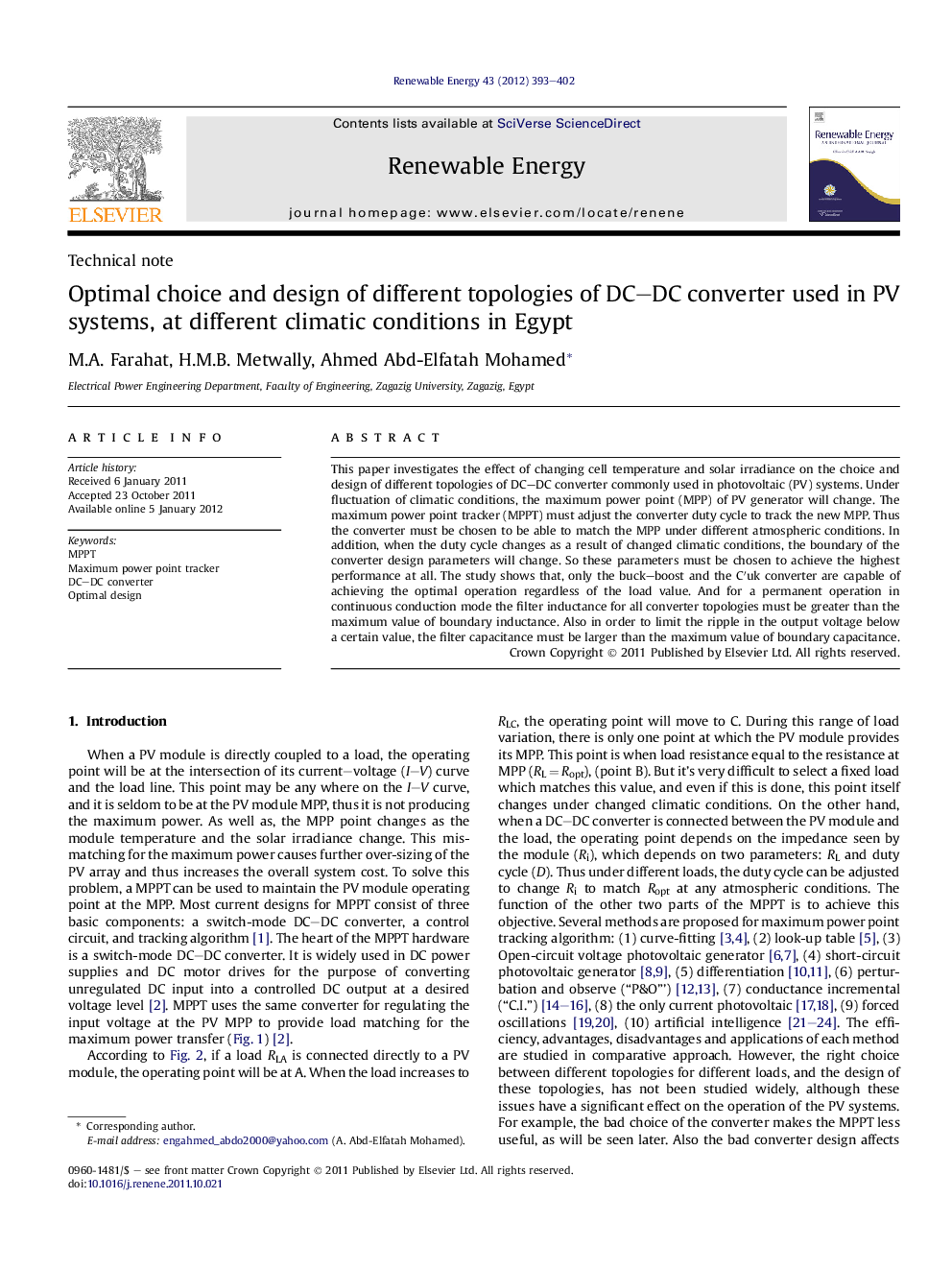 Optimal choice and design of different topologies of DC–DC converter used in PV systems, at different climatic conditions in Egypt