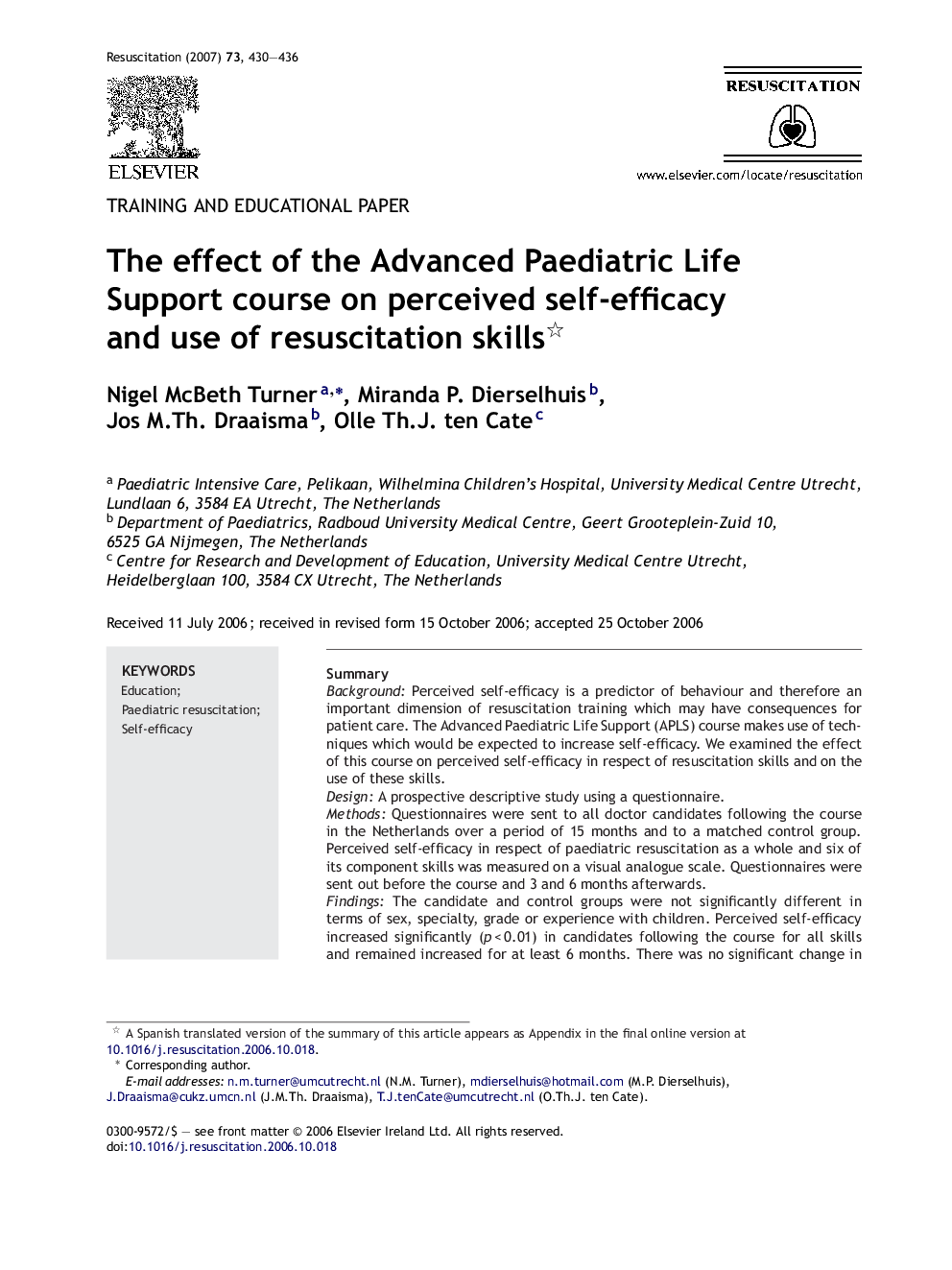 The effect of the Advanced Paediatric Life Support course on perceived self-efficacy and use of resuscitation skills 