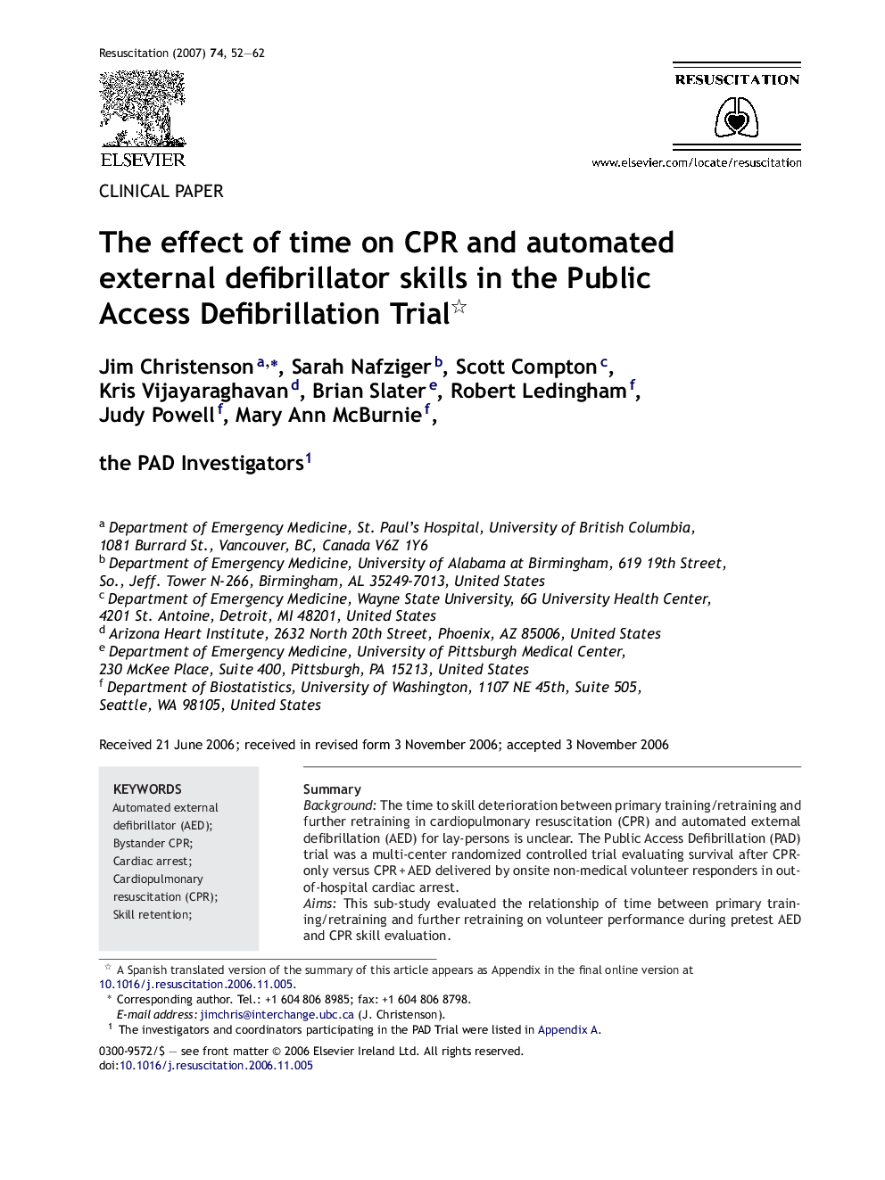 The effect of time on CPR and automated external defibrillator skills in the Public Access Defibrillation Trial 