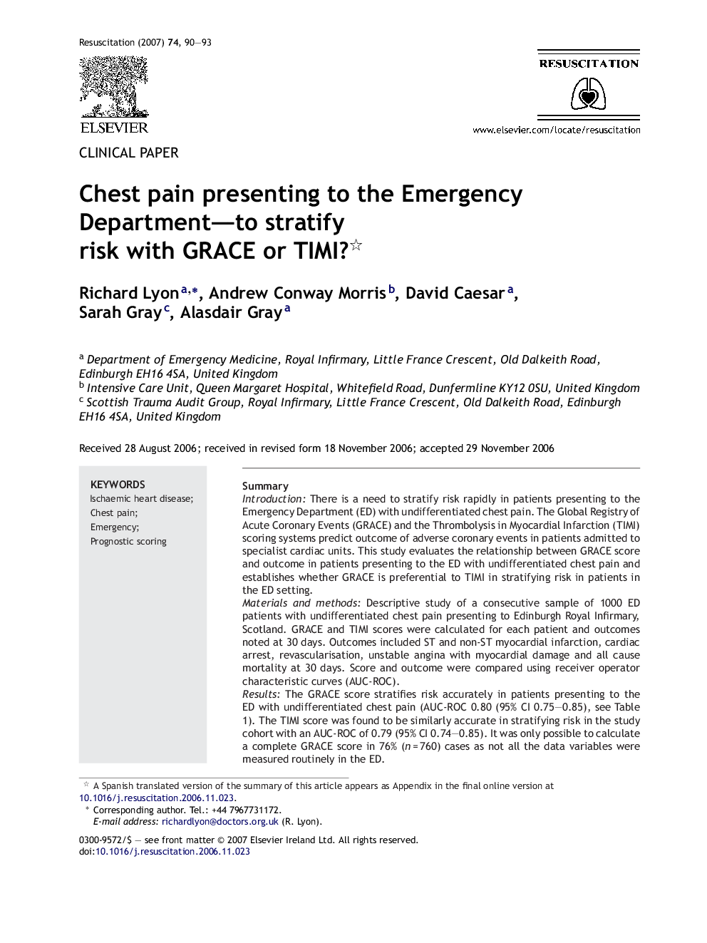 عکس صفحه اول مقاله: Chest pain presenting to the Emergency Department—to stratify risk with GRACE or TIMI? Chest pain presenting to the Emergency Department—to stratify risk with GRACE or TIMI?