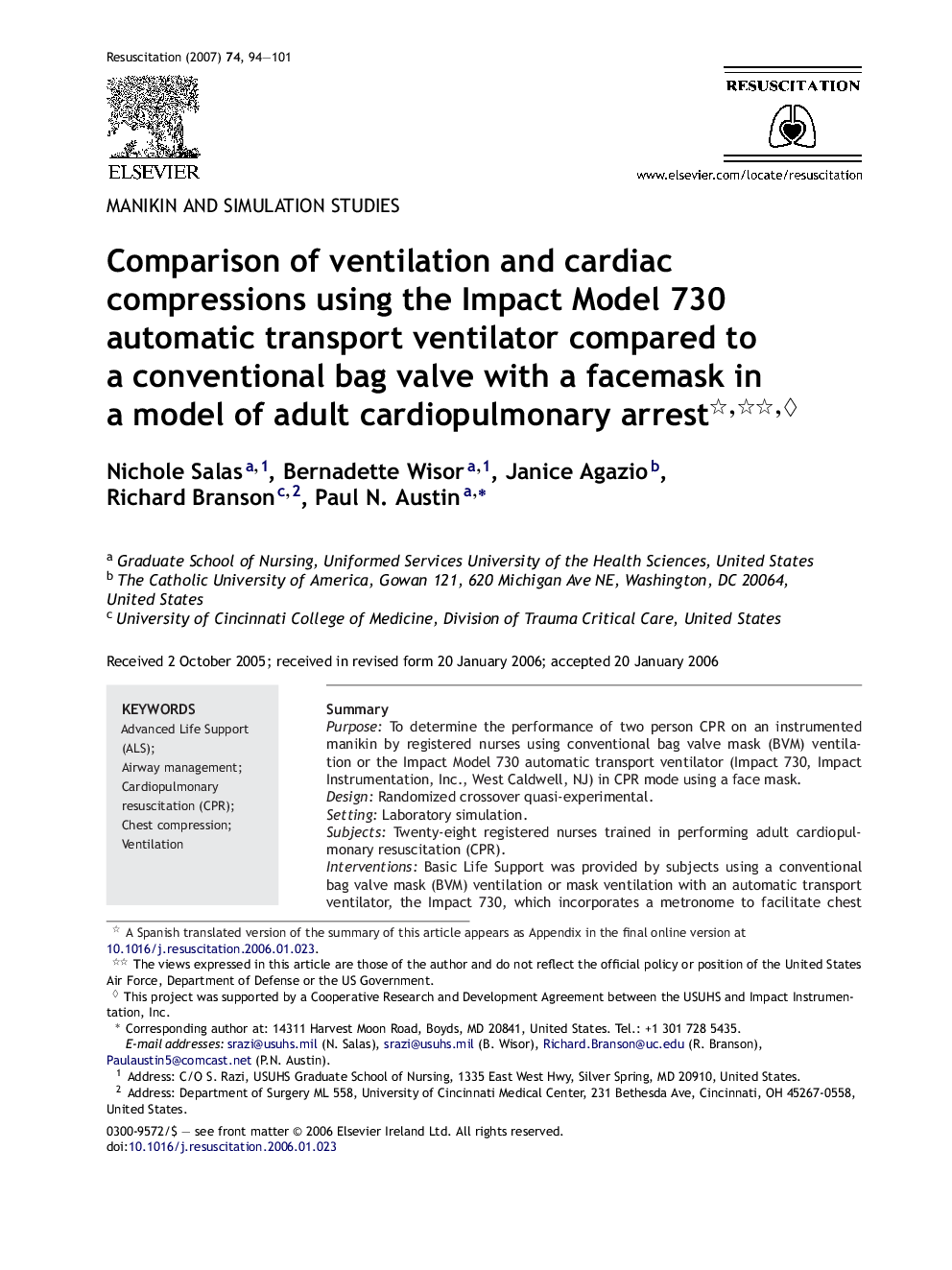 Comparison of ventilation and cardiac compressions using the Impact Model 730 automatic transport ventilator compared to a conventional bag valve with a facemask in a model of adult cardiopulmonary arrest ◊
