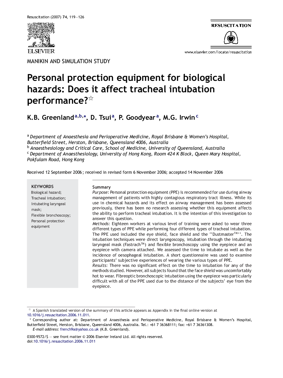 Personal protection equipment for biological hazards: Does it affect tracheal intubation performance? 