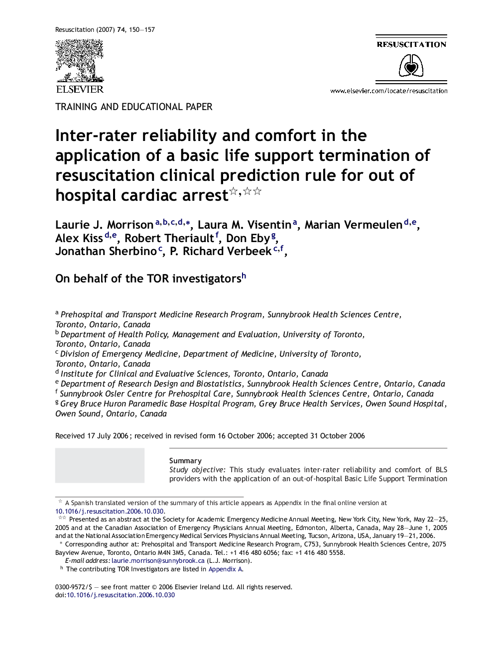 عکس صفحه اول مقاله: Inter-rater reliability and comfort in the application of a basic life support termination of resuscitation clinical prediction rule for out of hospital cardiac arrest Inter-rater reliability and comfort in the application of a basic life support termination of resuscitation clinical prediction rule for out of hospital cardiac arrest