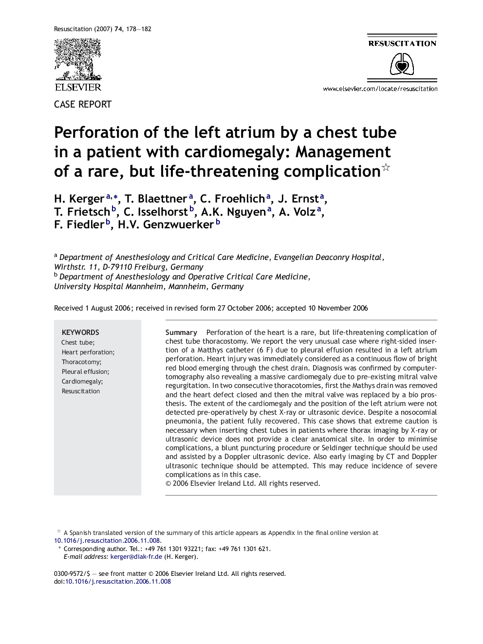 Perforation of the left atrium by a chest tube in a patient with cardiomegaly: Management of a rare, but life-threatening complication 