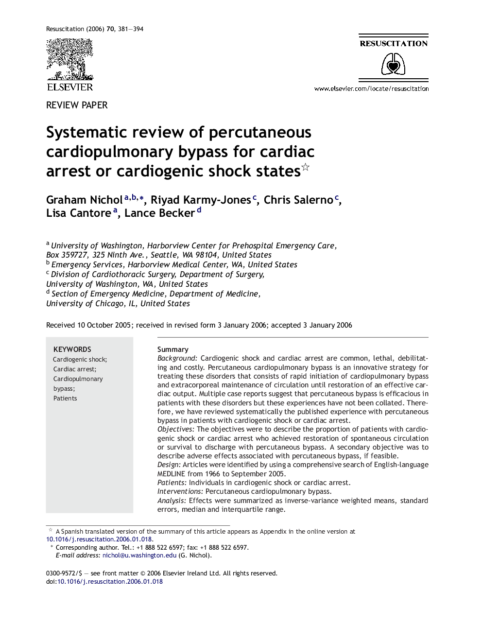 Systematic review of percutaneous cardiopulmonary bypass for cardiac arrest or cardiogenic shock states 