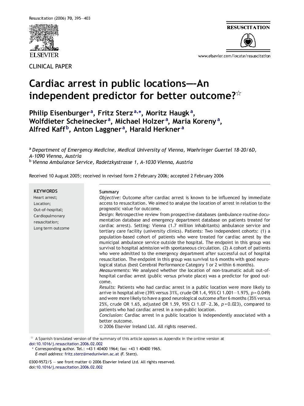 Cardiac arrest in public locations—An independent predictor for better outcome? 