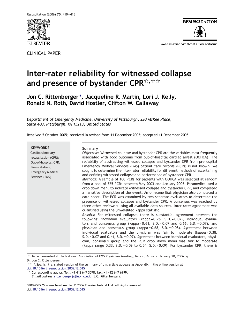 Inter-rater reliability for witnessed collapse and presence of bystander CPR 