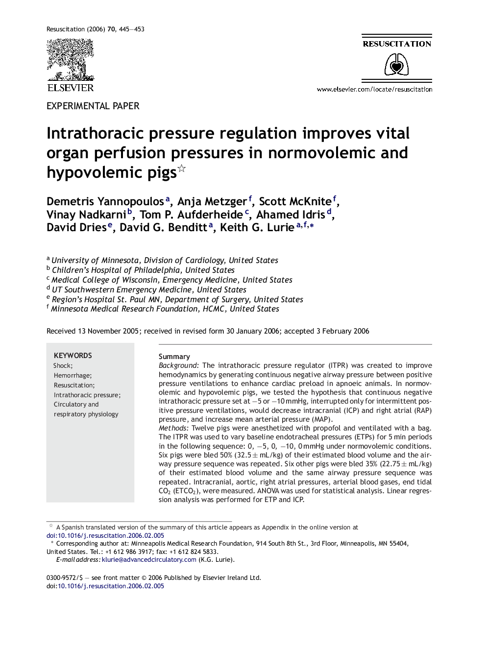 Intrathoracic pressure regulation improves vital organ perfusion pressures in normovolemic and hypovolemic pigs 