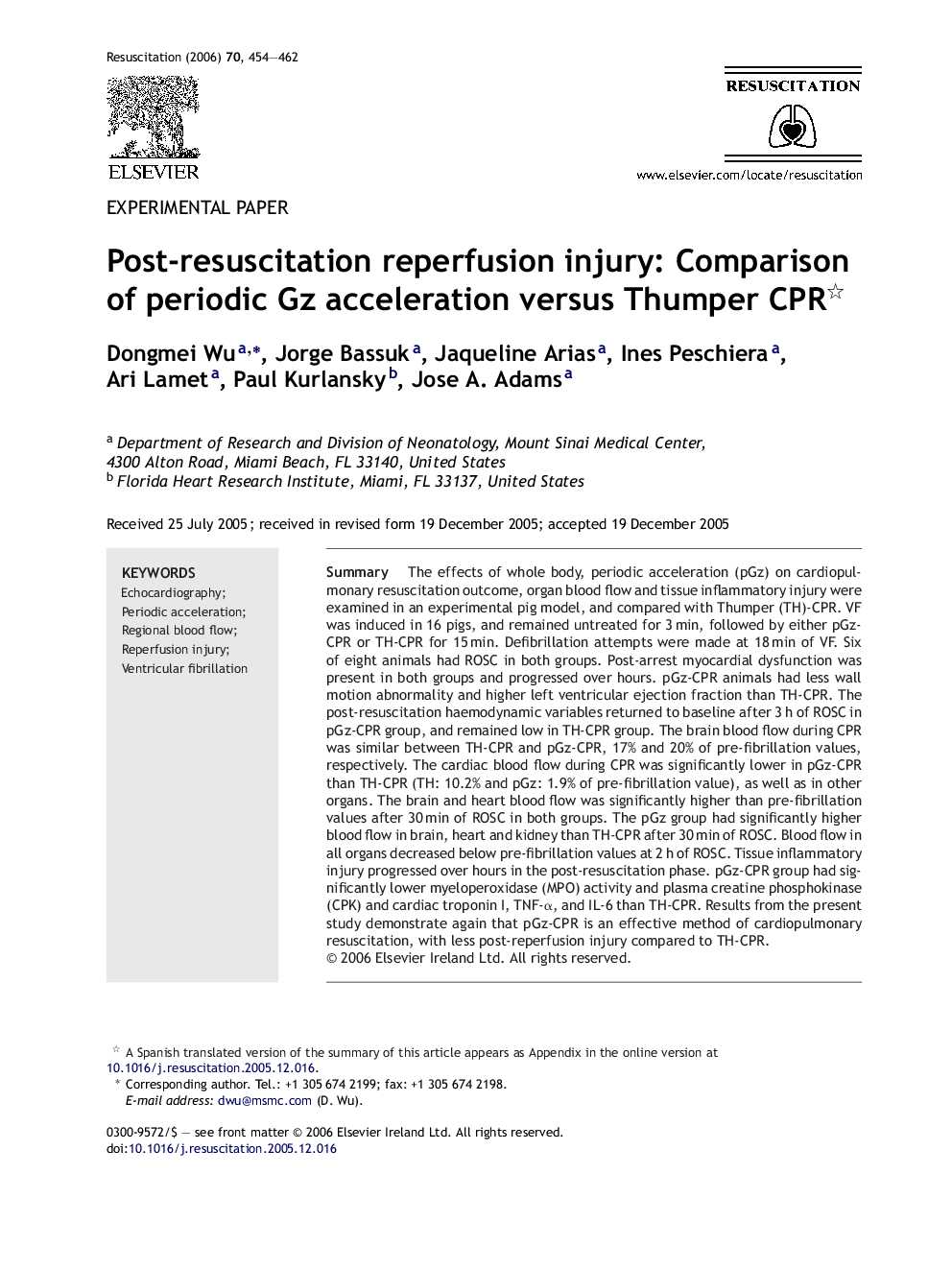 Post-resuscitation reperfusion injury: Comparison of periodic Gz acceleration versus Thumper CPR 