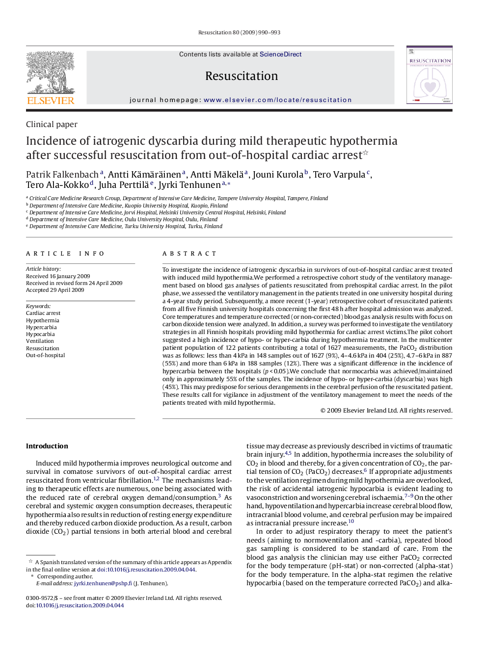 Incidence of iatrogenic dyscarbia during mild therapeutic hypothermia after successful resuscitation from out-of-hospital cardiac arrest 