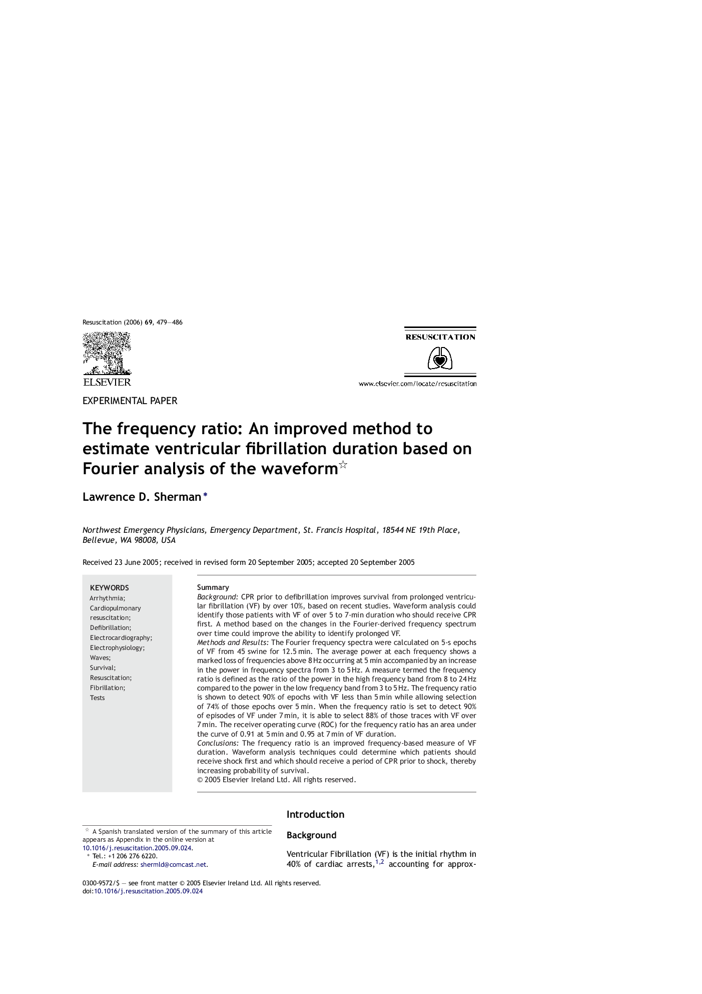 The frequency ratio: An improved method to estimate ventricular fibrillation duration based on Fourier analysis of the waveform 