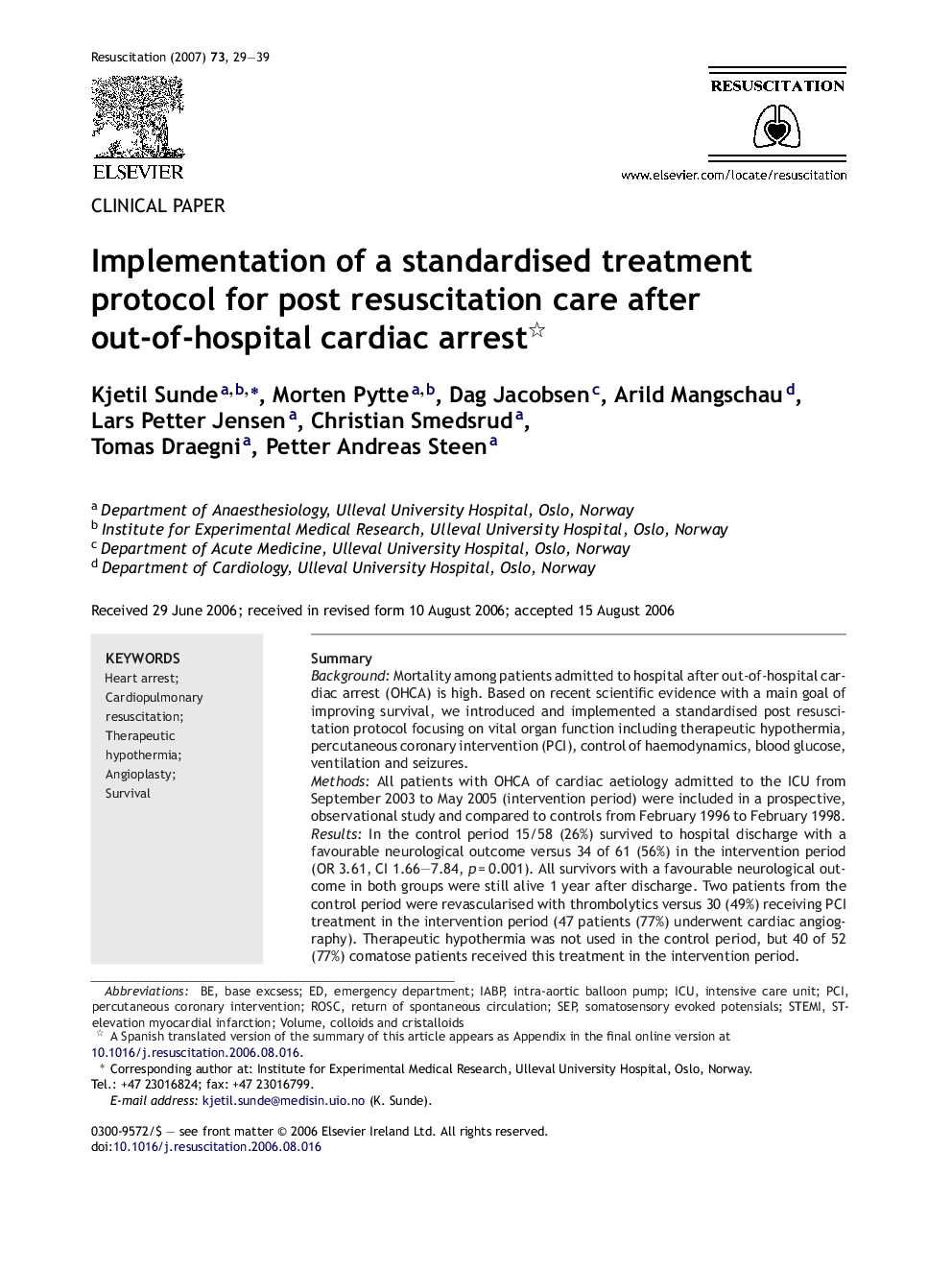 Implementation of a standardised treatment protocol for post resuscitation care after out-of-hospital cardiac arrest 