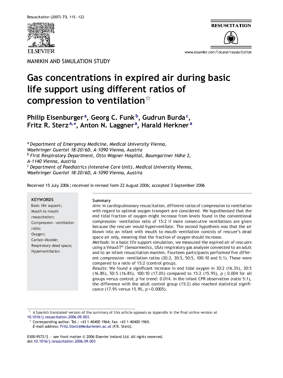 Gas concentrations in expired air during basic life support using different ratios of compression to ventilation