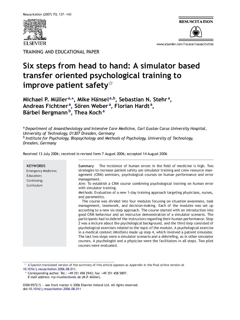 Six steps from head to hand: A simulator based transfer oriented psychological training to improve patient safety 