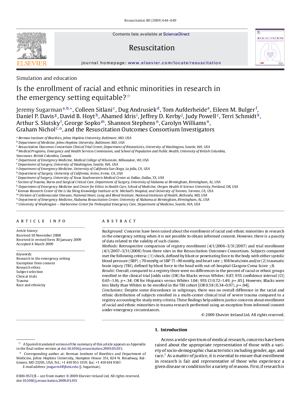 Is the enrollment of racial and ethnic minorities in research in the emergency setting equitable? 