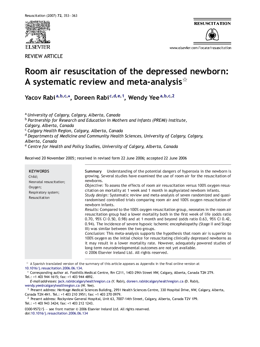 Room air resuscitation of the depressed newborn: A systematic review and meta-analysis 