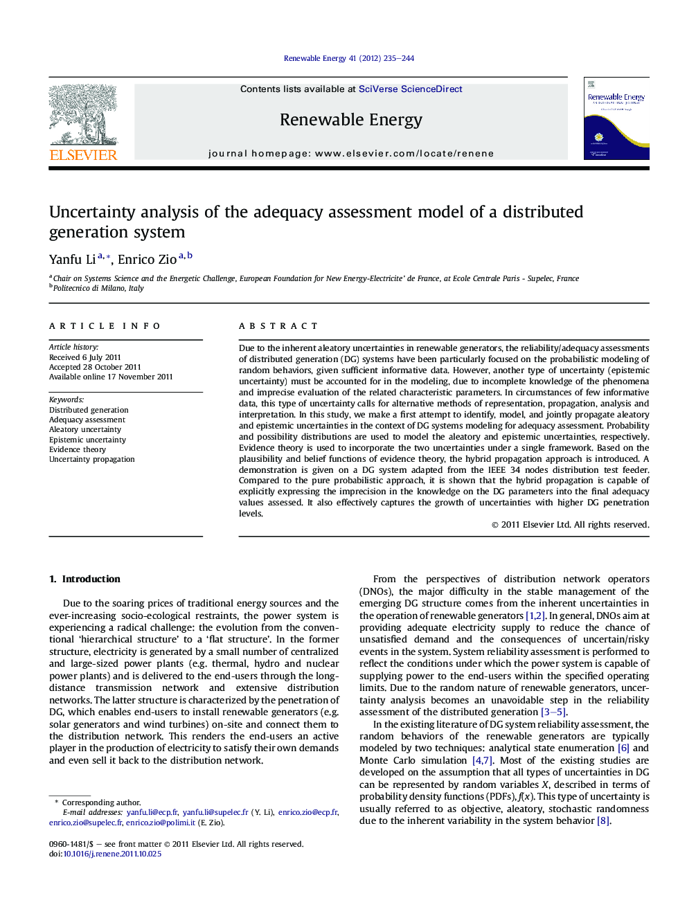 Uncertainty analysis of the adequacy assessment model of a distributed generation system